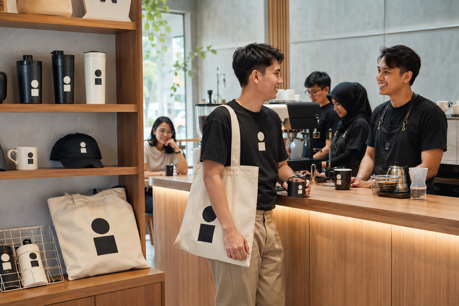 Co-branded café merchandise — tumblers, mugs and totes