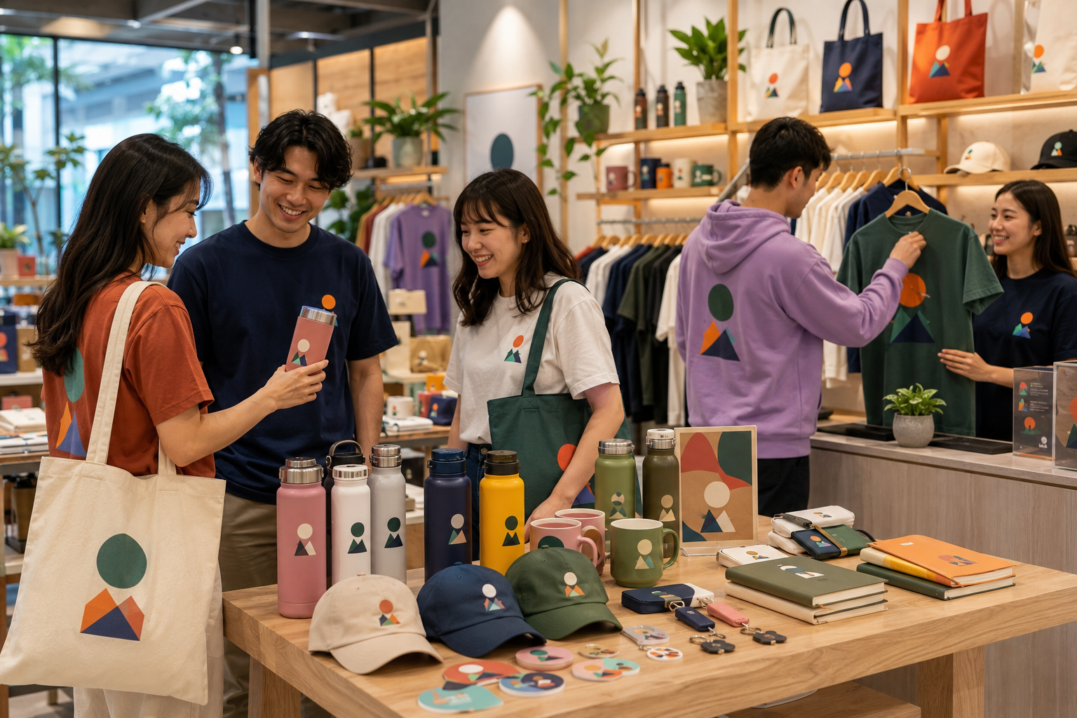 Branded merchandise retail display with tote bags, bottles and caps