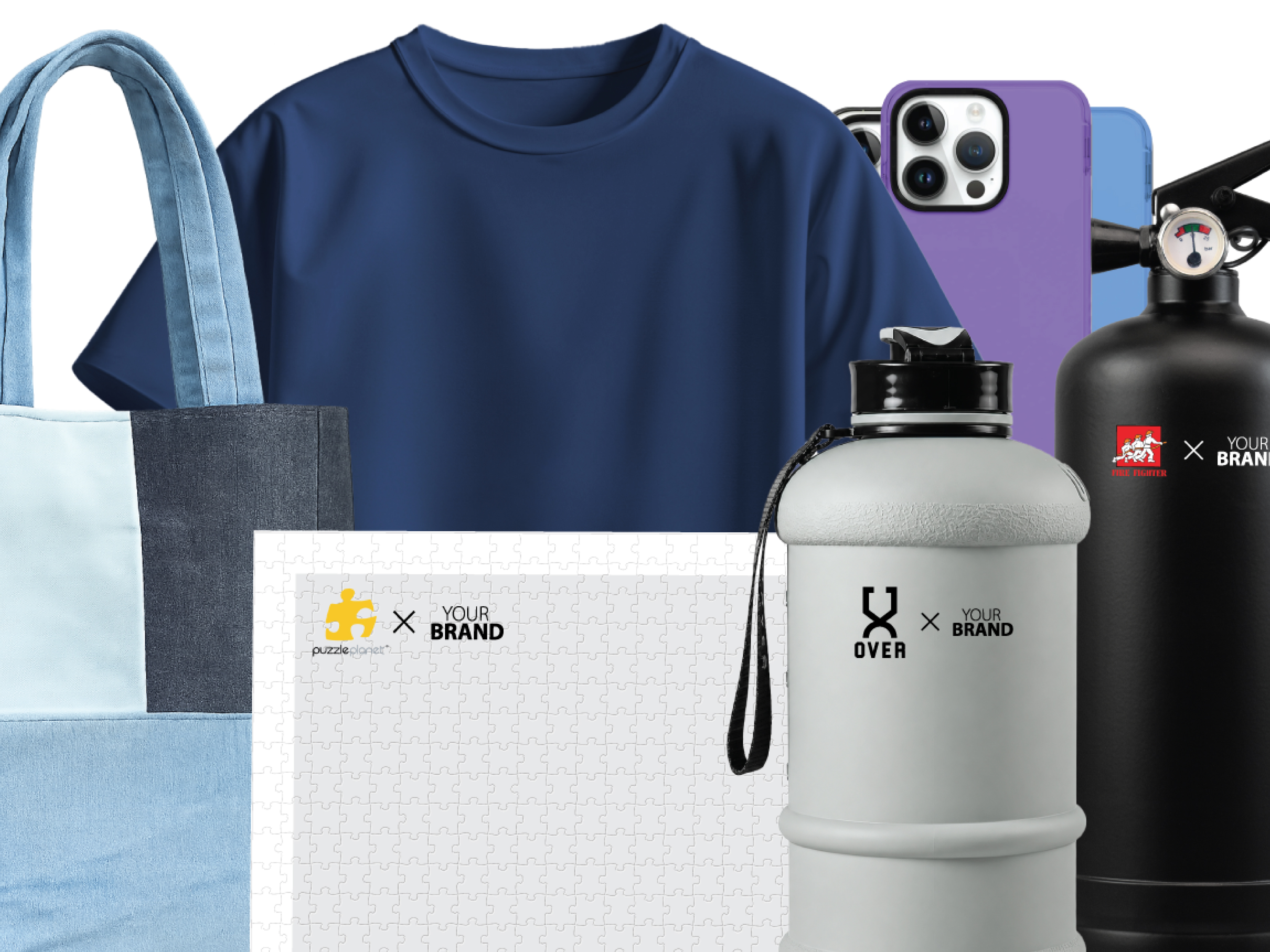 Custom branded merchandise including tote bags apparel and drinkware
